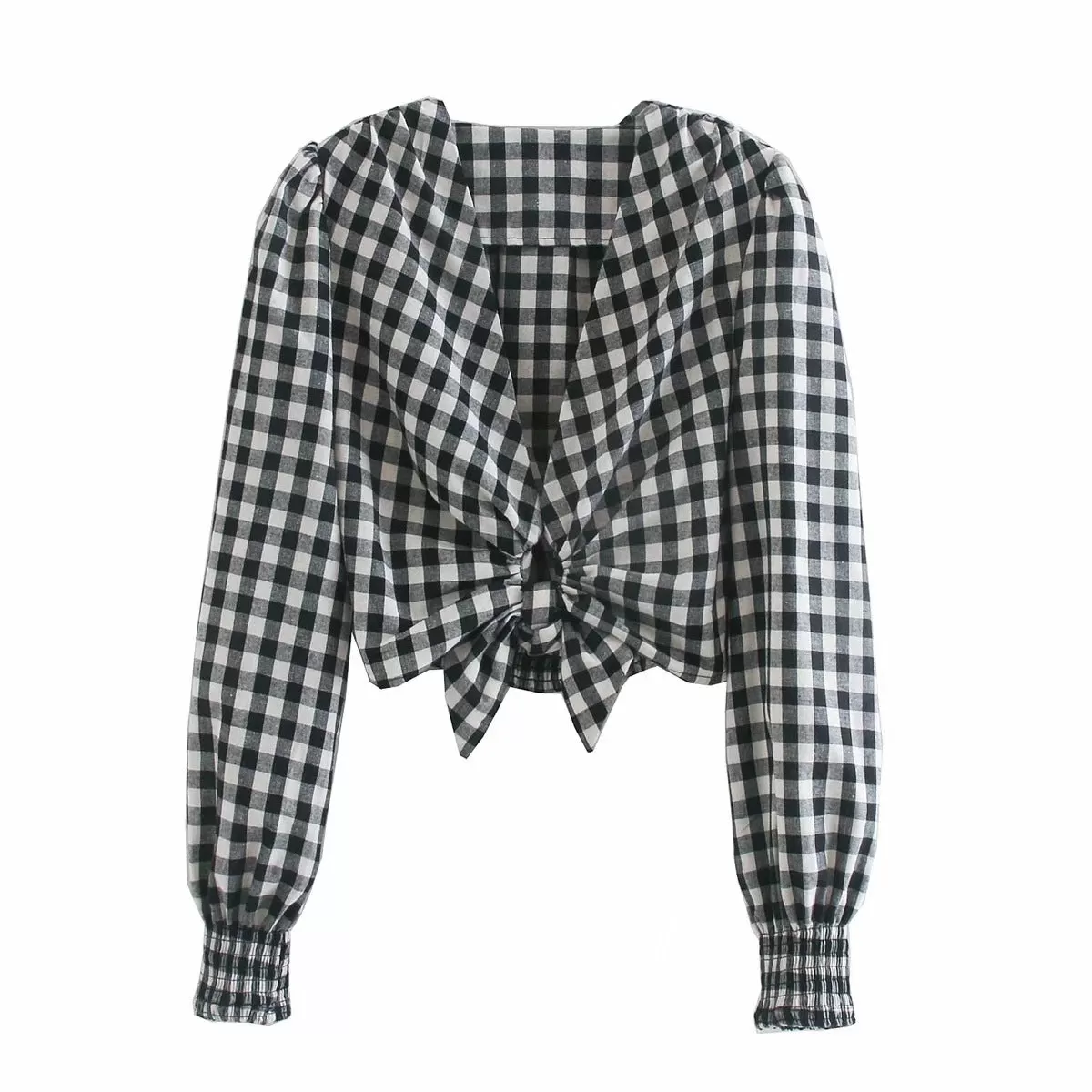 Bowknot Plaid Vintage Crop Laides Blouse