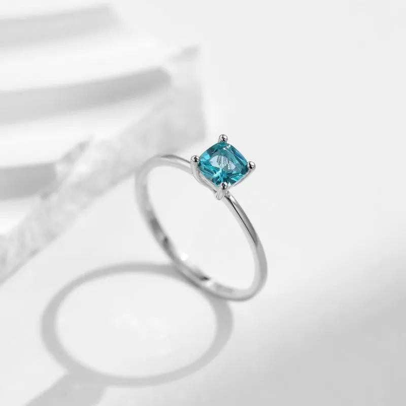 Classic Solitaire Cushion Cut Paraiba Tourmaline Sterling Silver Engagement Ring