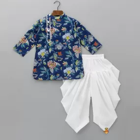 Ethnic Floral Printed Blue Cotton Kurta With Dhoti