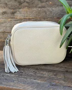 Leather Tassel Bag - Stone With Silver Finishings